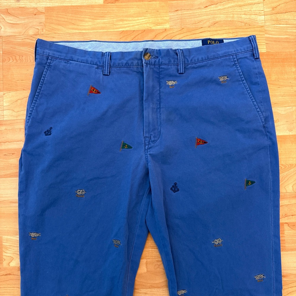 Polo Ralph Lauren Mens Blue Embroidered Nautical Chino Pants 38/34 Anchor Flag